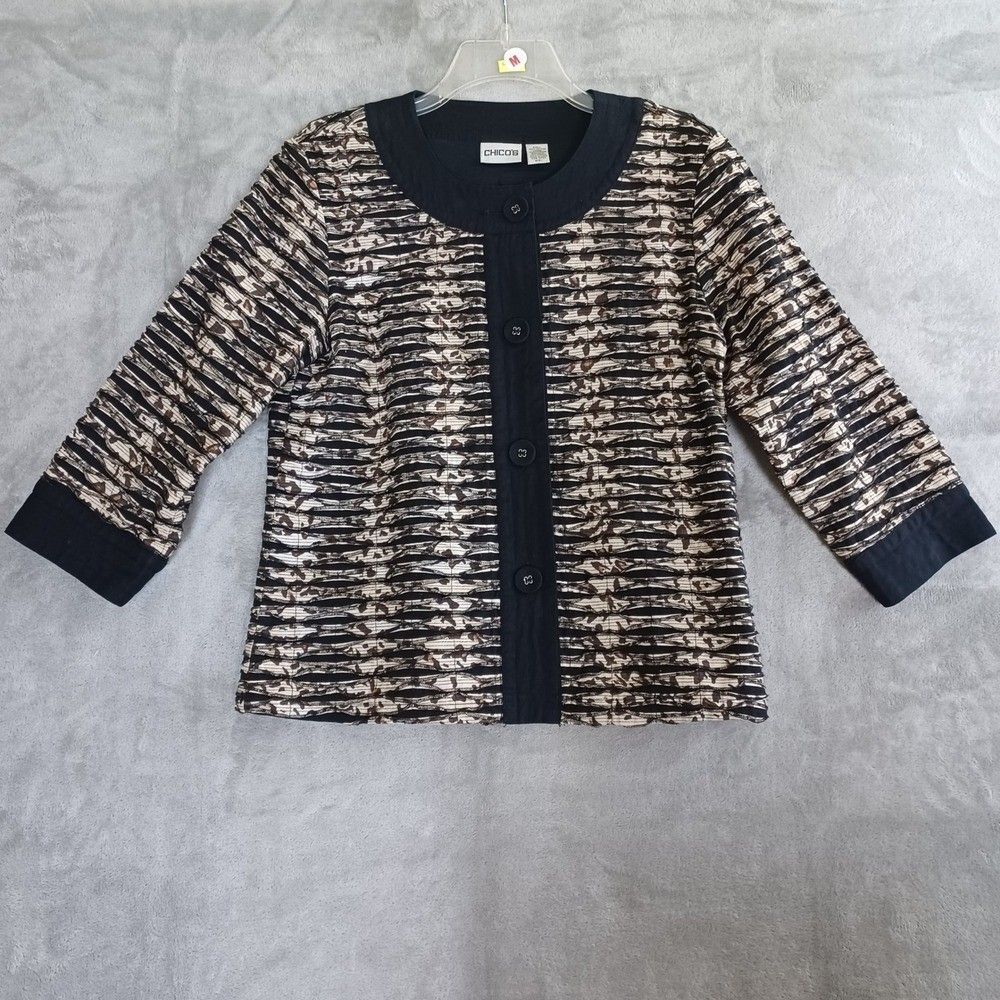 Chicos Jacket Sz 1 / 8 Animal Print Textured Button Front Artsy Black Tan Career